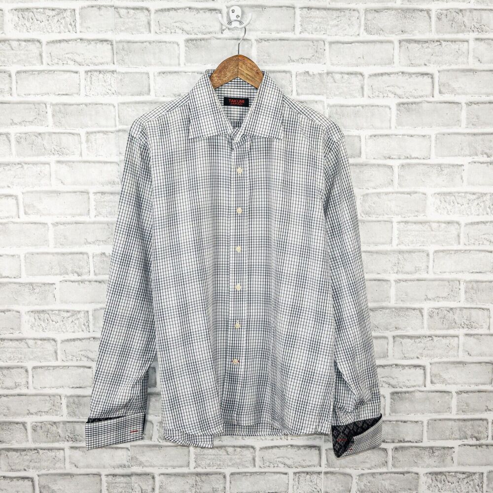 TAKUMI Japan French cuff Button up Shirt white grid check Men's sz Large